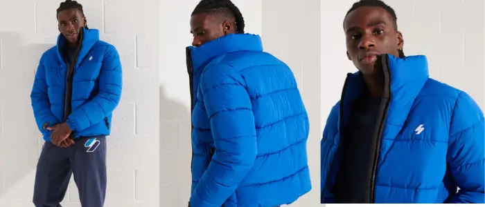 men wearing blue puffer jacket with perfect shape and size