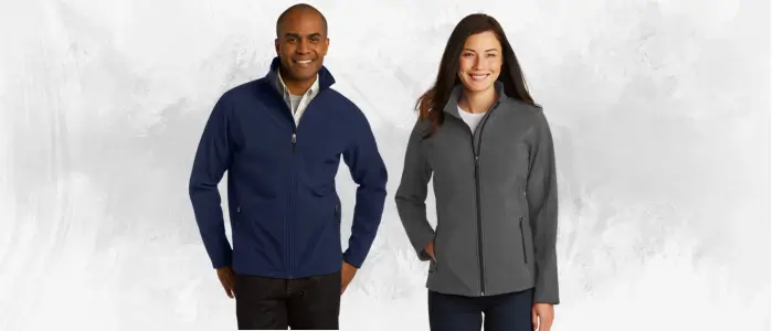 men and women wearing port authority softshell jackets