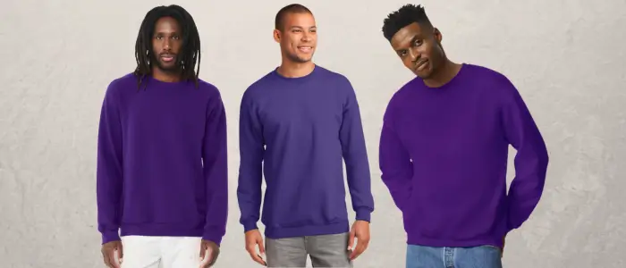 three people wearing purple crewneck sweatshirts