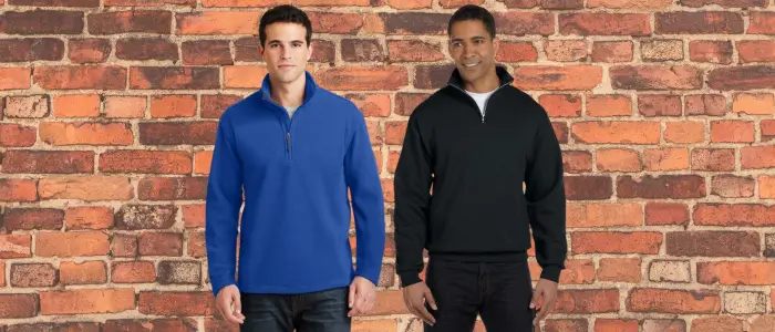 two men wear a quarter zip sweatshirts