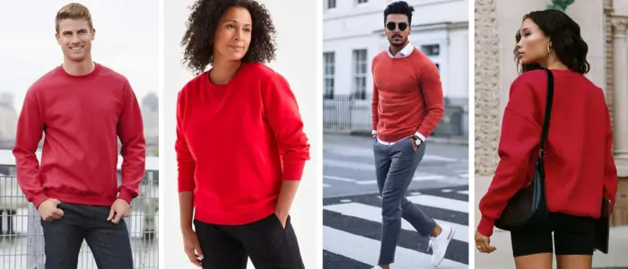 people wearing red crewneck sweatshirt