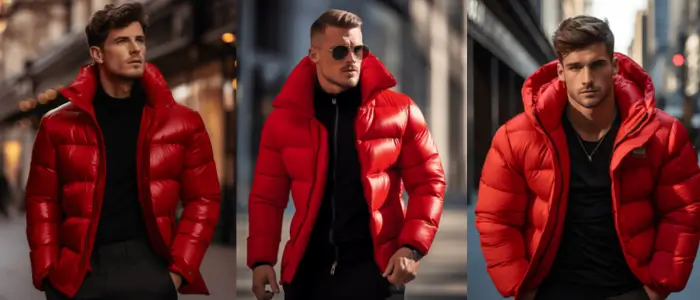 men wearing red puffer jackets for different occasions