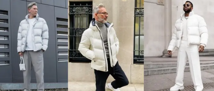 three men wearing white puffer jackets