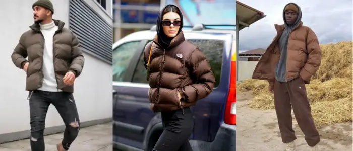 three people wearing brown puffer jackets