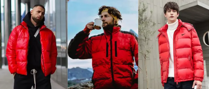 three men wearing red puffer jaccket