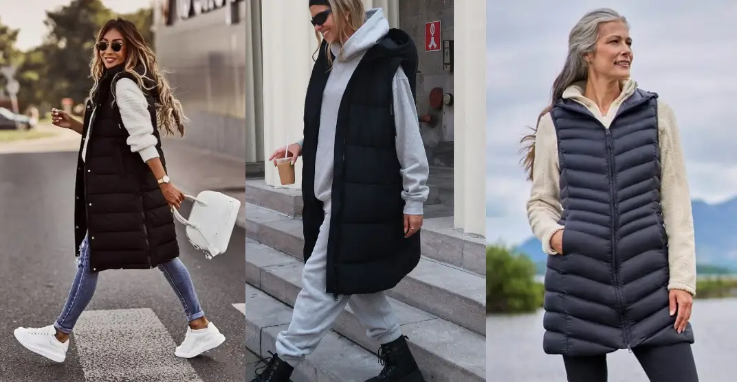 three women's wear a Long Black Puffer Vest 