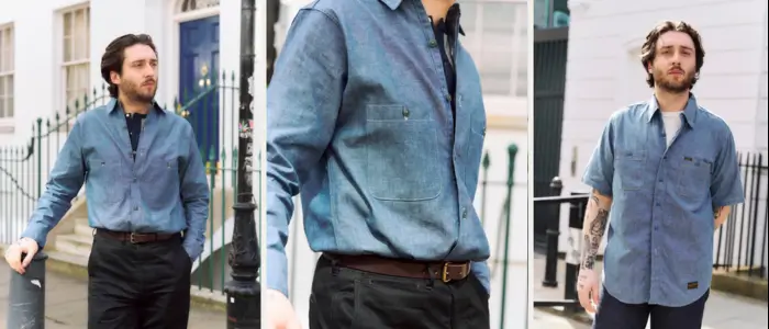 men wear a blue chambray shirt