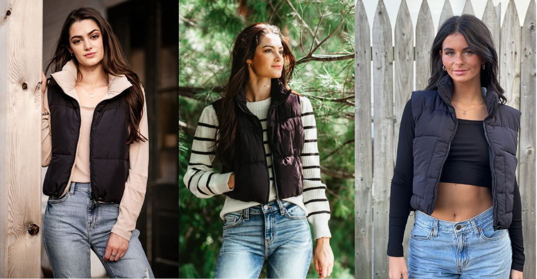 three women's wear a cropped black puffer vest