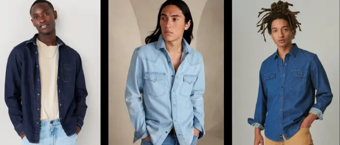 three men wearing different types of denim shirts