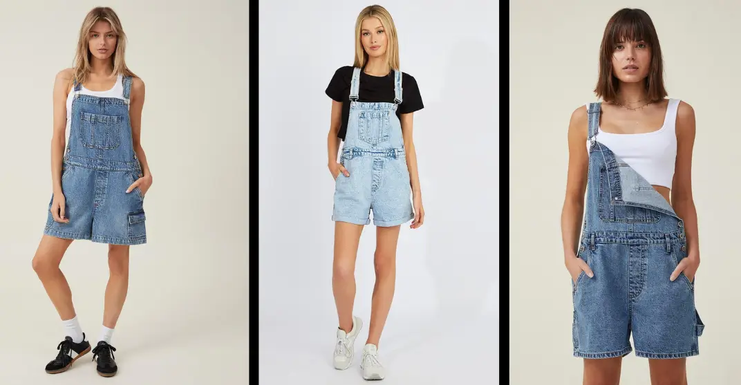 three women in overalls shorts