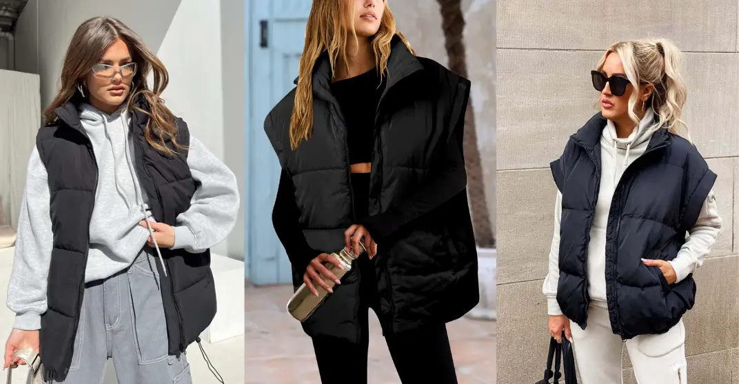 3 women's wear a oversized black puffer vest