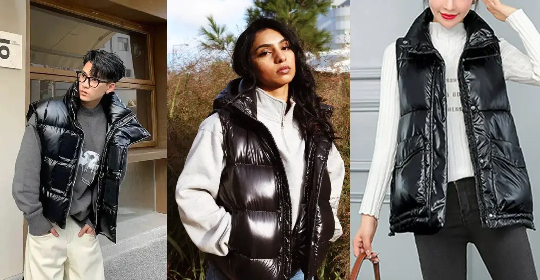 one men wear a shiny black puffer vest and two women's wear a shiny black puffer vest