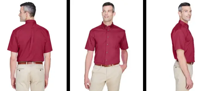 men in maroon twill shirt