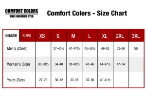 comfort colors size chart for men,women and youth