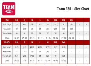 team 365 Size Chart for men and woomen