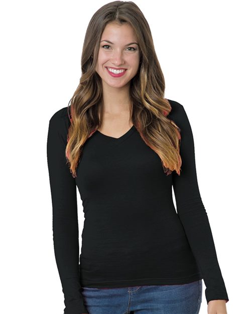 Bayside 3415 Women's USA-Made Deep V-Neck Long Sleeve T-Shirt