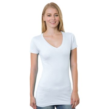 Bayside BA3407 Junior's 4.2 oz., Fine Jersey V-Neck T-Shirt - WHITE