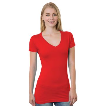 Bayside BA3407 Junior's 4.2 oz., Fine Jersey V-Neck T-Shirt - RED
