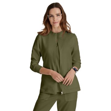Barco BUW884 Women's Three-Pocket Zip-Up Team Warm-Up Scrub Jacket - Olive