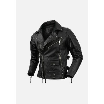 BJM105 Duncan Biker Leather Jacket - BLACK
