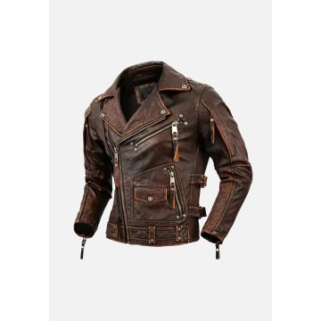 BJM105 Duncan Biker Leather Jacket - Brown