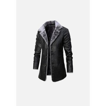 BJM109 Caldwell Black Leather Fur Trench Coat - BLACK