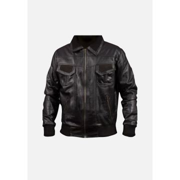 BJM112 Woodring Black MA-2 Aviator Leather Bomber Jacket - BLACK