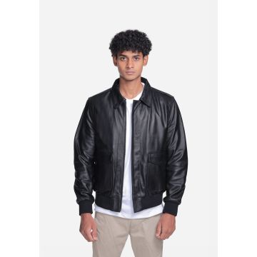 BJM114 Anderson Black A2 Military Flight Leather Jacket - BLACK