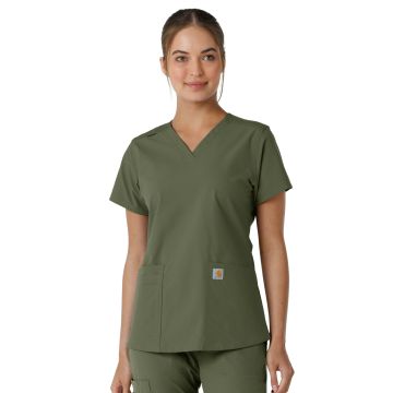 Carhartt Scrubs C12313 Women's Four-Pocket V-Neck Knit Panel Top - Olive