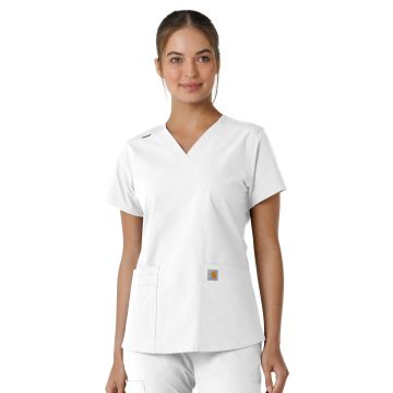 Carhartt Scrubs C12313 Women's Four-Pocket V-Neck Knit Panel Top - White