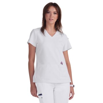 KOI C101 Women's Three-Pocket V-Neck Cardi Top - White