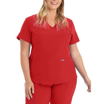 Landau LT100 Women's Three-Pocket Rib-Knit Neckline V-Neck Top - Red