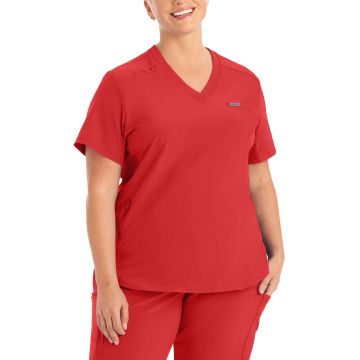 Landau LT101 Women's Two-Pocket Shirttail Hemline V-Neck Top - Red