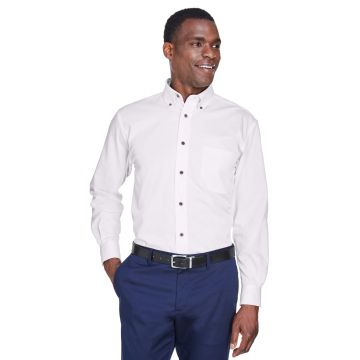 Harriton M500T Men's Tall Easy Blend? Long-Sleeve Twill Shirt with Stain-Release - WHITE