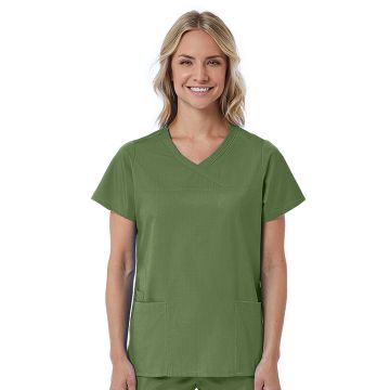 Maevn 1726 Women's Three-Pocket Curved Mock Wrap Top - Olive