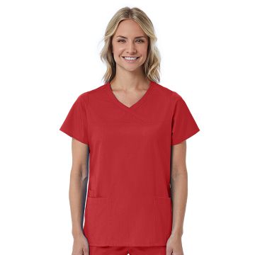 Maevn 1726 Women's Three-Pocket Curved Mock Wrap Top - Red