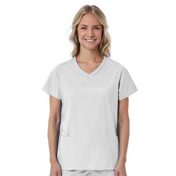 Maevn 1726 Women's Three-Pocket Curved Mock Wrap Top - White