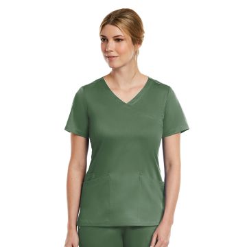 Maevn 3701 Women's Three-Pocket Curved Mock Wrap Top - Olive