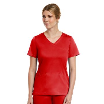 Maevn 3701 Women's Three-Pocket Curved Mock Wrap Top - Red