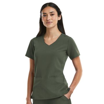 Maevn 3903 Women's Two-Pocket Curved V-Neck Top - Olive