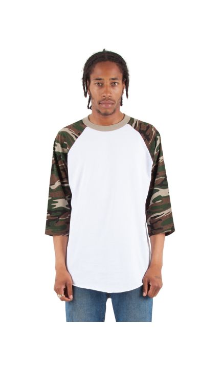 Shaka Wear SHRAGCM Adult 8.9 oz. 3/4-Sleeve Camo Raglan T-Shirt