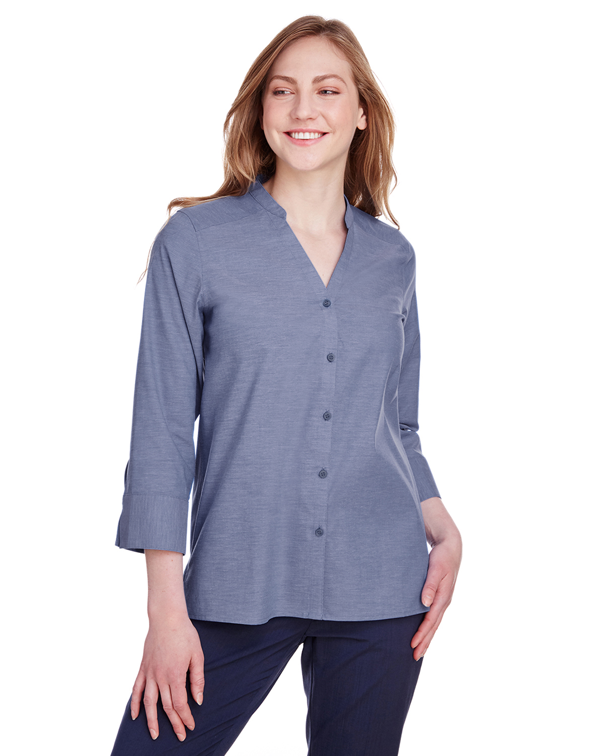 Devon & Jones DG562W Women's Crown Collection Stretch Pinpoint Chambray 3/4 Sleeve Blouse