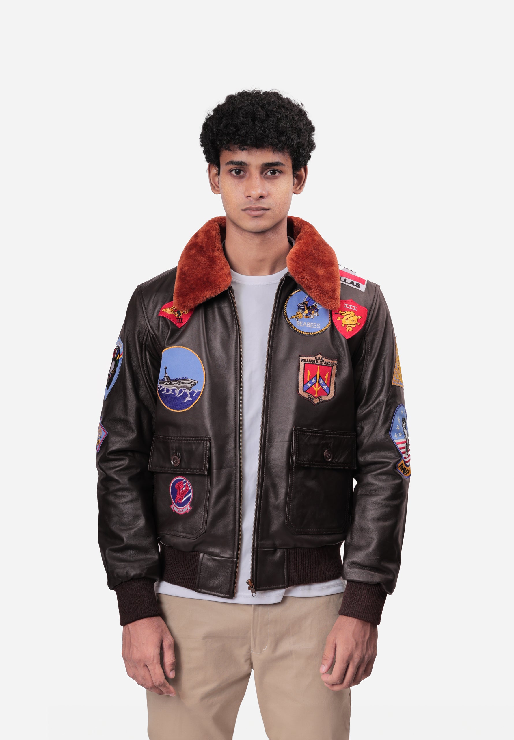 BJM113 Folsom Brown Aviator Leather Bomber Jacket
