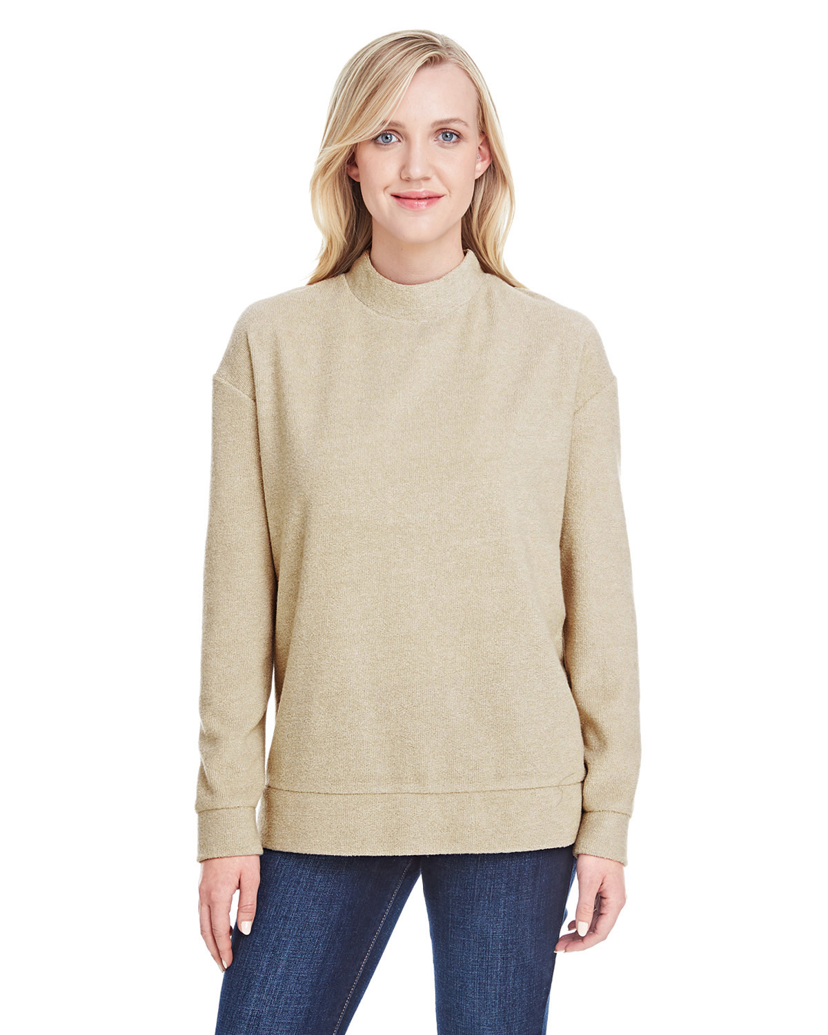 J America JA8428 Women's Weekend French Terry Mock Neck Crew