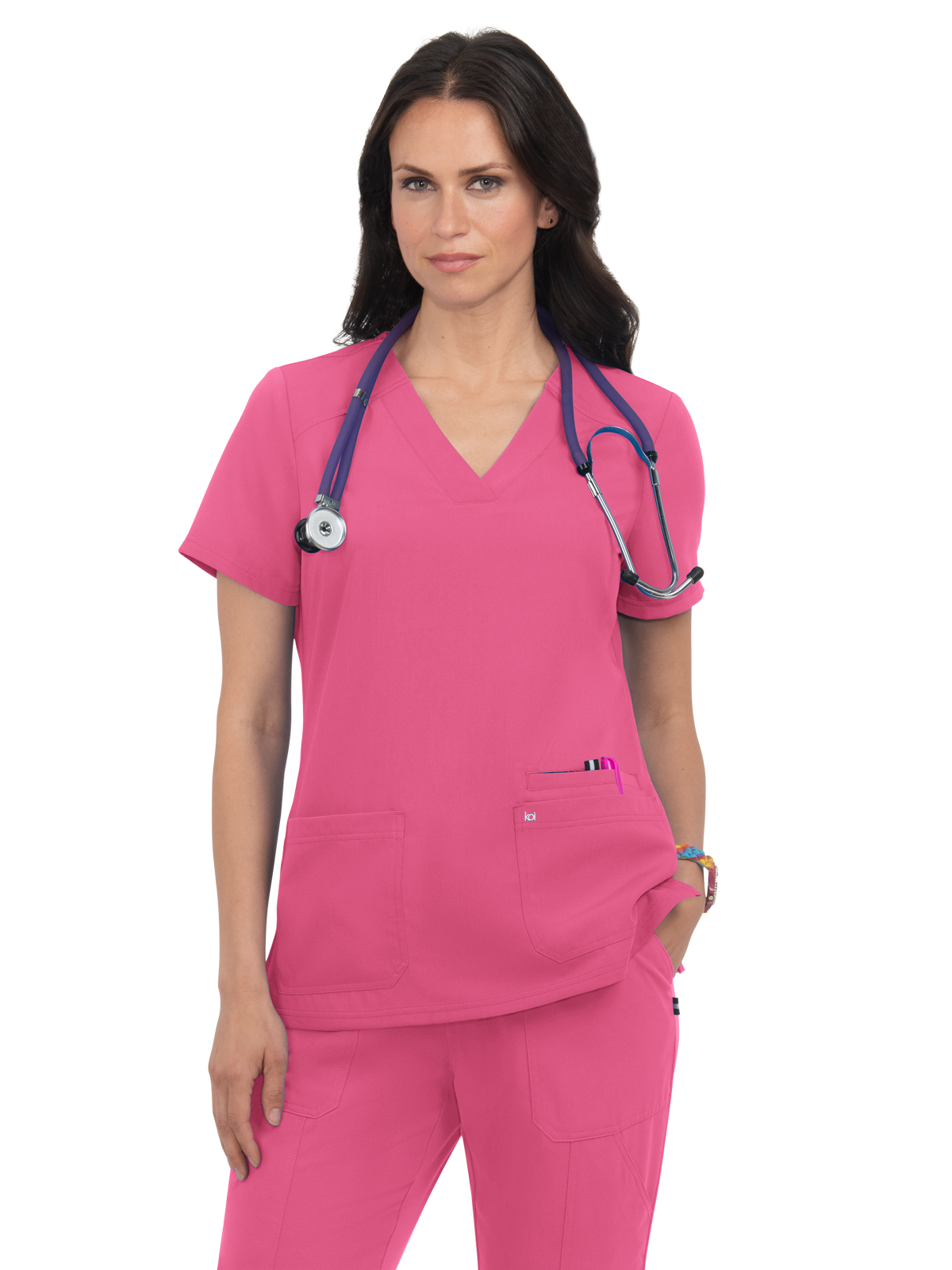 KOI 1019 Women's Three-Pocket Wide V-Neck Stretch Hustle and Heart Top