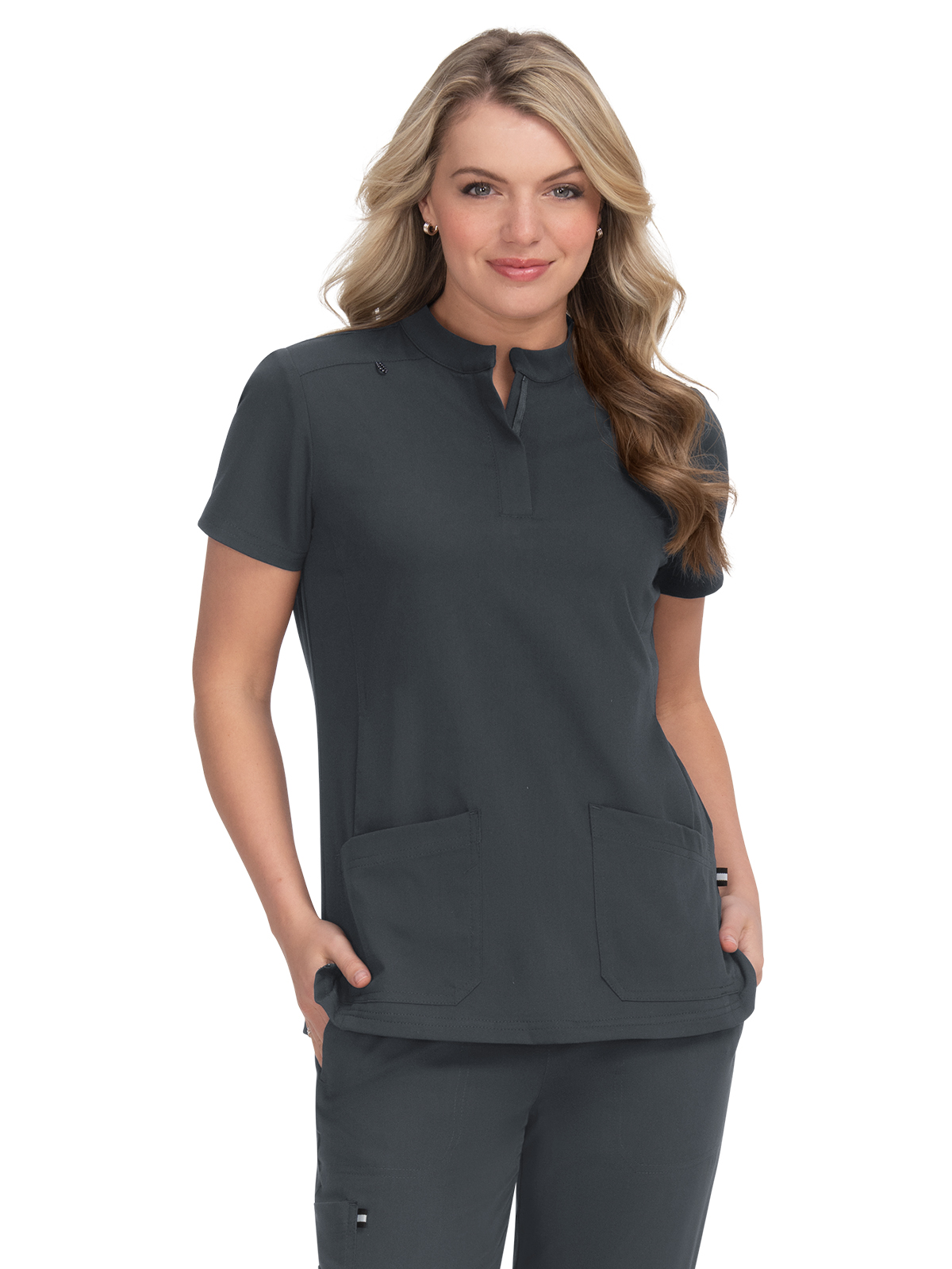 KOI 1081 Women's Four-Pocket Zipper-Neck Mandarin Collar Driven Top