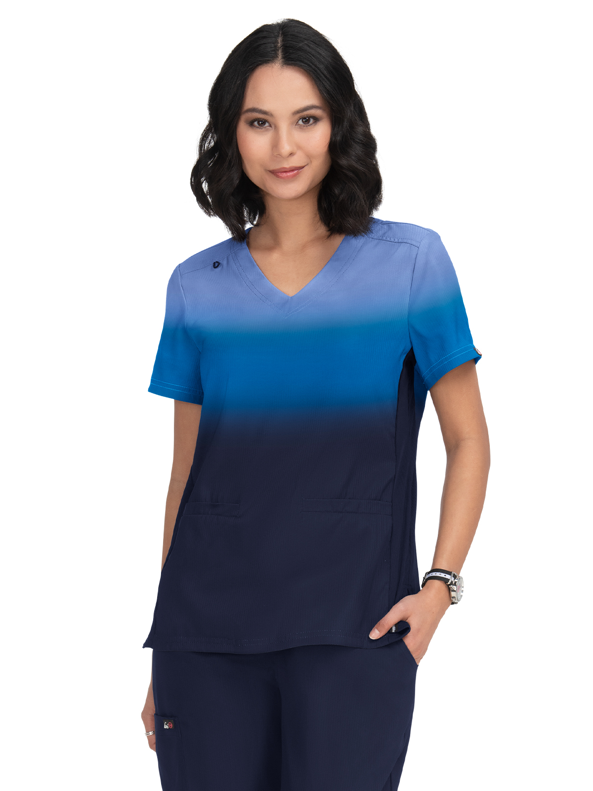KOI 1088PLM Women's Two-Pocket V-Neck Ombre Print Reclaim Top