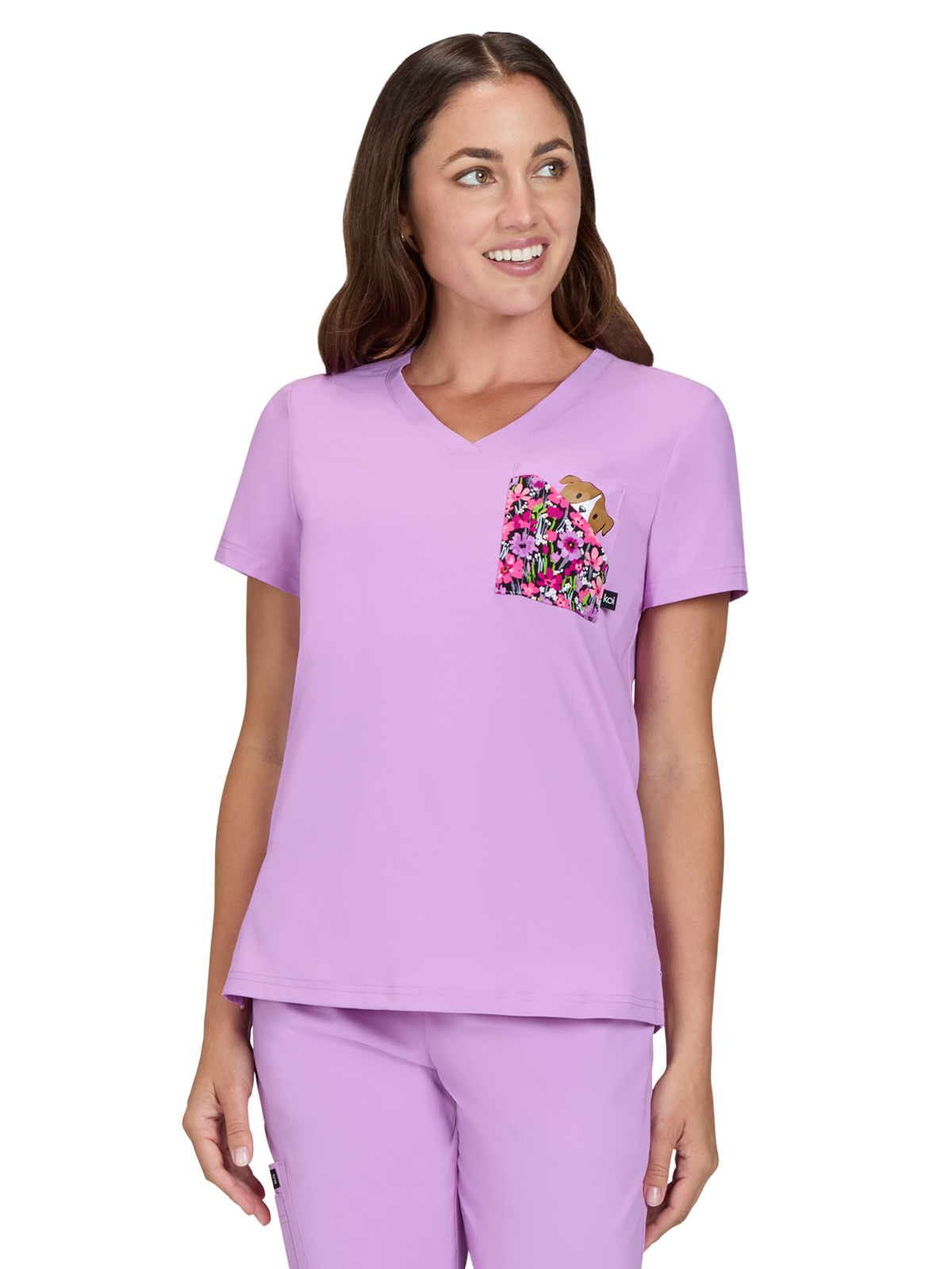 KOI 1128PLM Women's Two-Pocket Print V-Neck Nixie Placement Top
