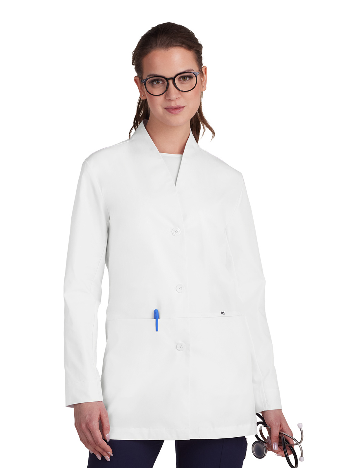 KOI 465 Women's Four-Pocket Collarless Pearlized Button-Front 31.5