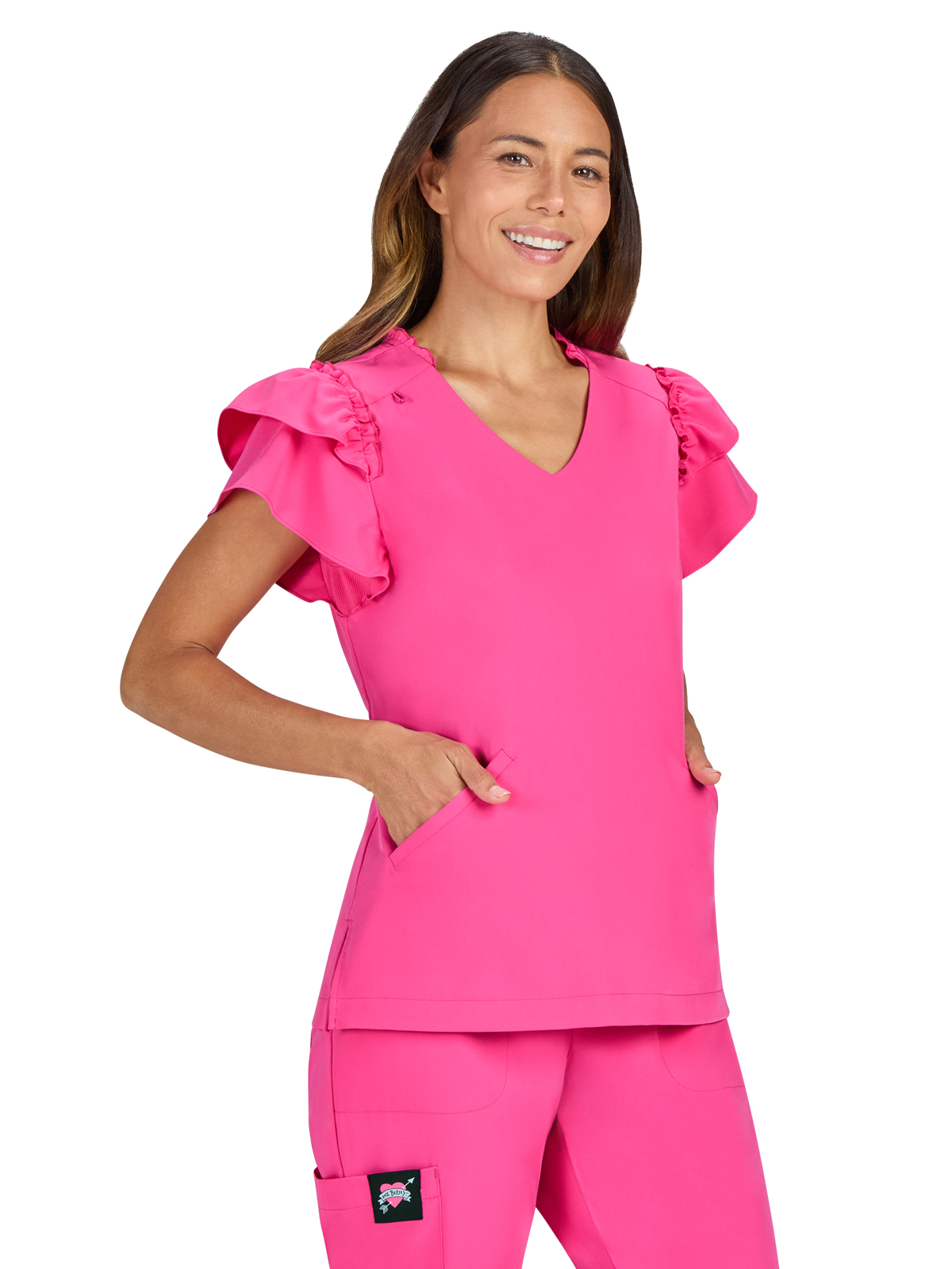 KOI B131 Women's Two-Pocket Ruffle Sleeve and Ruffle Collar Clary Top
